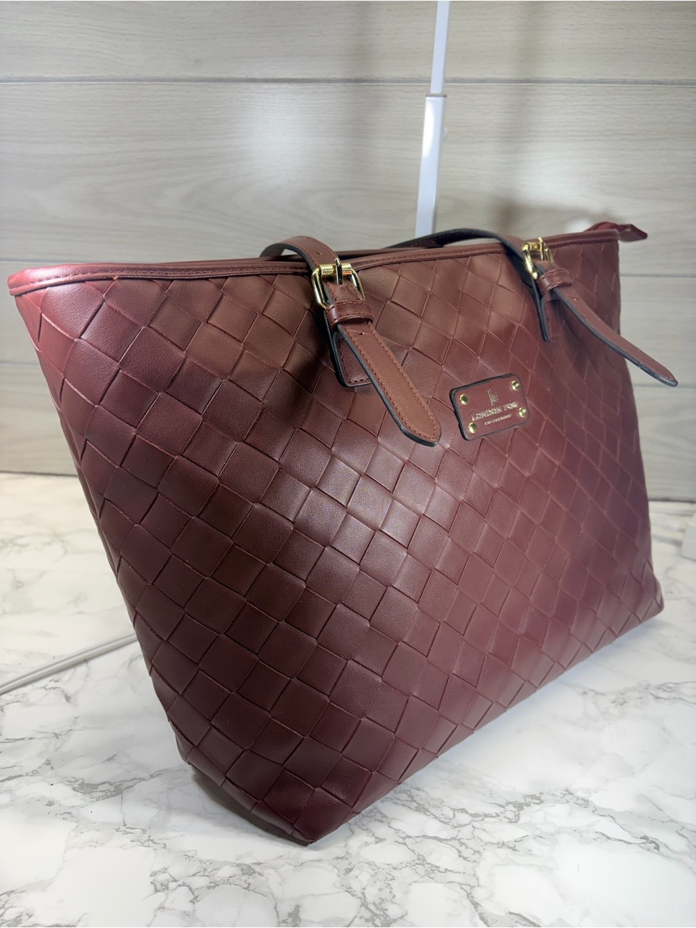 London Fog Burgundy Woven Tote with Gold Accents